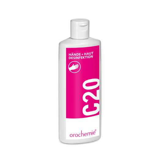 Weiße Kunststoffflasche mit rosa Etikett mit der Aufschrift "HÄNDE + HAUT DESINFEKTION" und "C 20". Orochemie C 20 Hände- & Hautdesinfektionsmittel von orochemie GmbH + Co KG ist ideal für die hygienische Händedesinfektion, mit dem Markennamen am Boden.