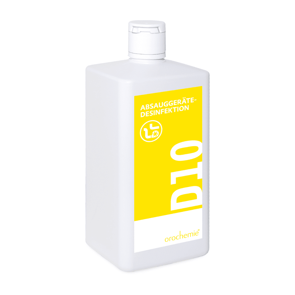 Orochemie D 10 Απολυμαντικό για συσκευές αναρρόφησης, κατάλληλο και για συσκευές εισπνοής (φιάλη 1 l) της orochemie GmbH + Co KG: Απολυμαντικό χωρίς αλδεΰδες σε λευκή πλαστική φιάλη με κίτρινη ετικέτα «D10» για συσκευές αναρρόφησης και εισπνοής.