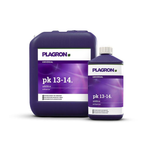 Abgebildet sind zwei Behälter Bertels B.V. Plagron PK 13-14 – für festere und härtere Früchte, beide in Dunkelviolett mit weißen und violetten Etiketten mit Marke, Produktname und Verwendungsangaben.