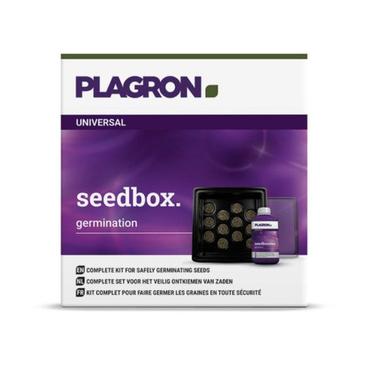 Eine Box mit der Aufschrift „Plagron Seedbox – Kompaktes Pflanzset für Keimlinge | 1 Stück“ von Bertels B.V. enthält ein Tablett mit Fächern, eine Seedbooster-Flasche und Beschreibungen in Englisch, Niederländisch und Französisch auf der Verpackung.
