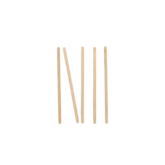 Fünf PAPSTAR Rührstäbchen Holz "pure" (14 cm) der PAPSTAR GmbH sind auf weißem Grund als Strichmännchen angeordnet: vier stehend, eines diagonal über die anderen gelegt.
