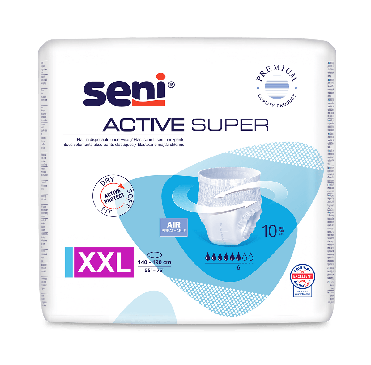 Μια συσκευασία των 10 τεμαχίων Seni Active Super Παντελόνια ακράτειας XXL (περίμετρος μέσης 140-190 εκ.) της TZMO Deutschland GmbH για ακράτεια ούρων, με τεχνολογία AIR που επιτρέπει την αναπνοή, προστασία από την υγρασία και σήμα ποιότητας σε λευκό φόντο.