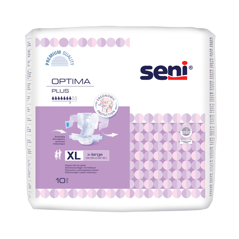 Μια συσκευασία Seni Οι πάνοι ακράτειας Optima Plus με ζώνη μέσης της TZMO Deutschland GmbH, μέγεθος XL, σε μοβ-λευκό σχέδιο, προσφέρουν υψηλής ποιότητας και εργονομική προστασία με ζώνη μέσης. Περιεχόμενο: 10 τεμάχια.