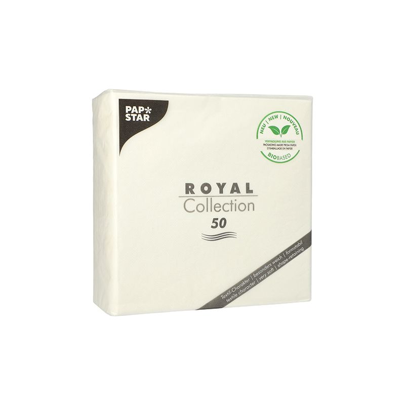 Ένα πακέτο PAPSTAR "ROYAL Collection" χαρτοπετσέτες 1/4-Falz, περιέχει 50 κομμάτια και είναι ιδανικό για τη διακόσμηση του τραπεζιού σας. Η συσκευασία φέρει μια φιλική προς το περιβάλλον ετικέτα με σχέδιο φύλλου, που υποδεικνύει την 100% κομποστοποιησιμότητα. Αυτές οι λευκές χαρτοπετσέτες, κατασκευασμένες από την PAPSTAR GmbH, παρουσιάζουν ένα απλό και κομψό branding.