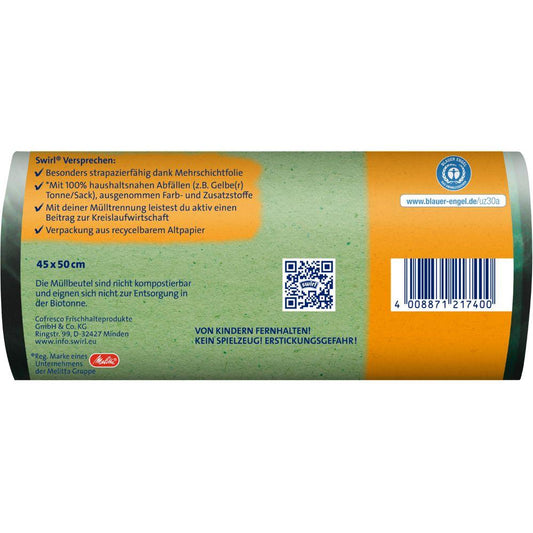 Eine Rolle Swirl Öko-Müllbeutel mit Zugband 20l Reißfest & Dicht (18 Beutel) von Melitta Europa GmbH & Co. KG aus recyceltem Kunststoff verfügt über deutschen Text, einen QR-Code, einen Barcode, ein Zugbandsymbol und ein Recycling-Logo auf grün-weißem Hintergrund.