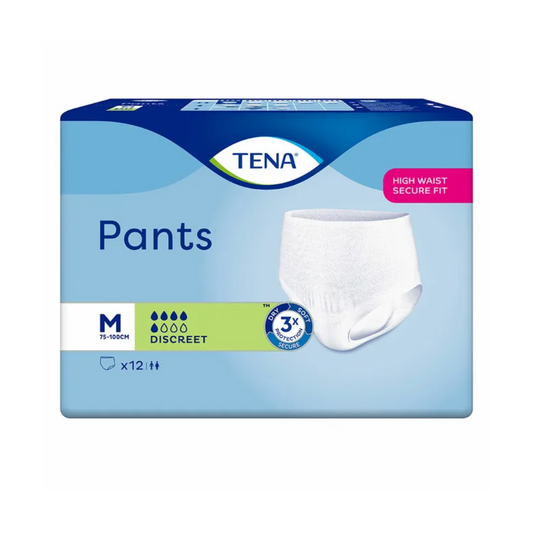 Das Bild zeigt TENA Pants Discreet Inkontinenzhosen, mittlere Größe, passend für Taillenweiten 75-100 cm. Die Verpackung ist blau-weiß gestaltet mit einem Produktbild, das „Diskret“ und „High Waist Secure Fit“ betont. Es handelt sich um eine ideale Einwegunterwäsche-Lösung bei Blasenschwäche. Enthält 12 Stück. Produziert von TENA – Essity Deutschland GmbH.