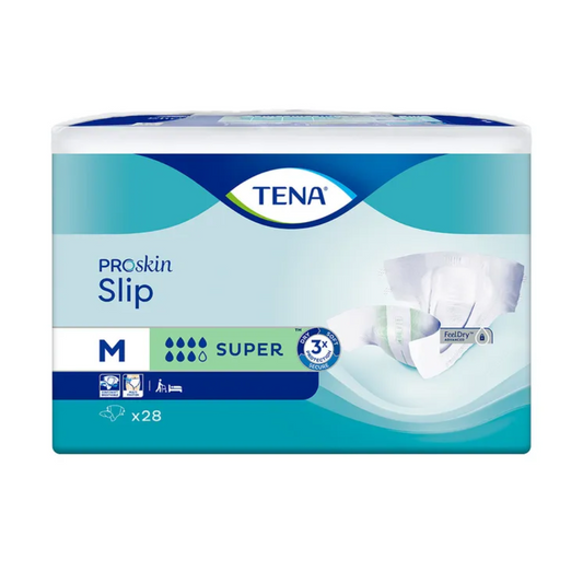 Die Verpackung der TENA Slip Super Inkontinenzvorlage mit Hüftbund, erhältlich in Größe M, besticht durch ein elegantes blau-weißes Design mit visuellen Akzenten, die die fortschrittliche 3x-Trockenheitstechnologie hervorheben. Diese Packung mit 28 Stück verspricht überlegenen Auslaufschutz für Vertrauen und Komfort, mit freundlicher Genehmigung von TENA - Essity Germany GmbH.