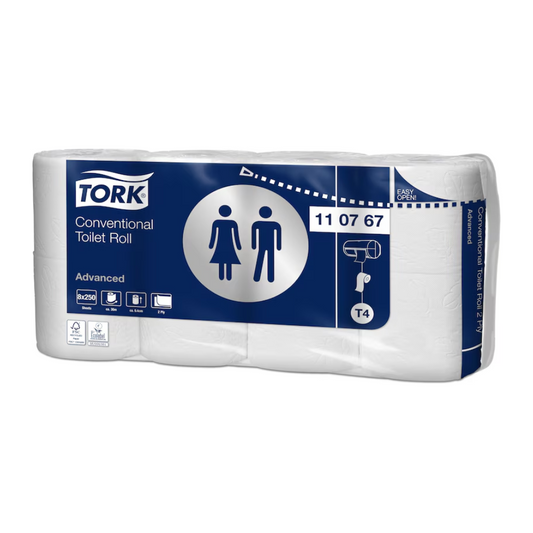 Das Tork 110767 Kleinrollen-Toilettenpapier Advanced T4, Marke TORK – Essity Professional Hygiene Germany GmbH, ist in einem blau-weißen Design mit Symbolen erhältlich, die die Eignung für Herren- und Damentoiletten anzeigen. Dieses Paket enthält sechs weiche Toilettenpapierrollen.