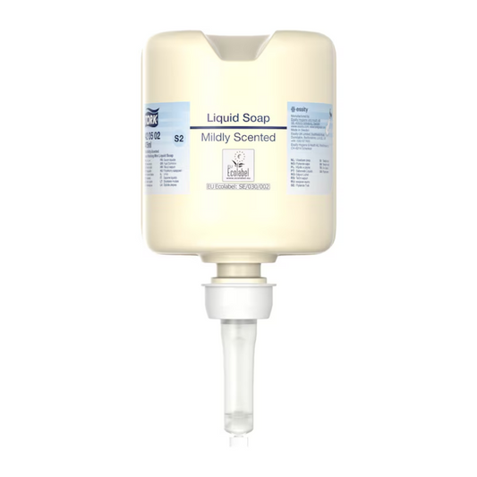 Ein beigefarbener Spenderbehälter mit der Aufschrift „Tork 420502 Mini Flüssigseife, Mild-Duftend“ mit einem Volumen von 475 ml verfügt über eine praktische Pumpe. Dieses Produkt von TORK – Essity Professional Hygiene Germany GmbH ist für eine hervorragende Händehygiene konzipiert und mit verschiedenen Markierungen und Logos versehen, darunter ein „Ecolabel“, das für umweltfreundliche Hautpflege wirbt.