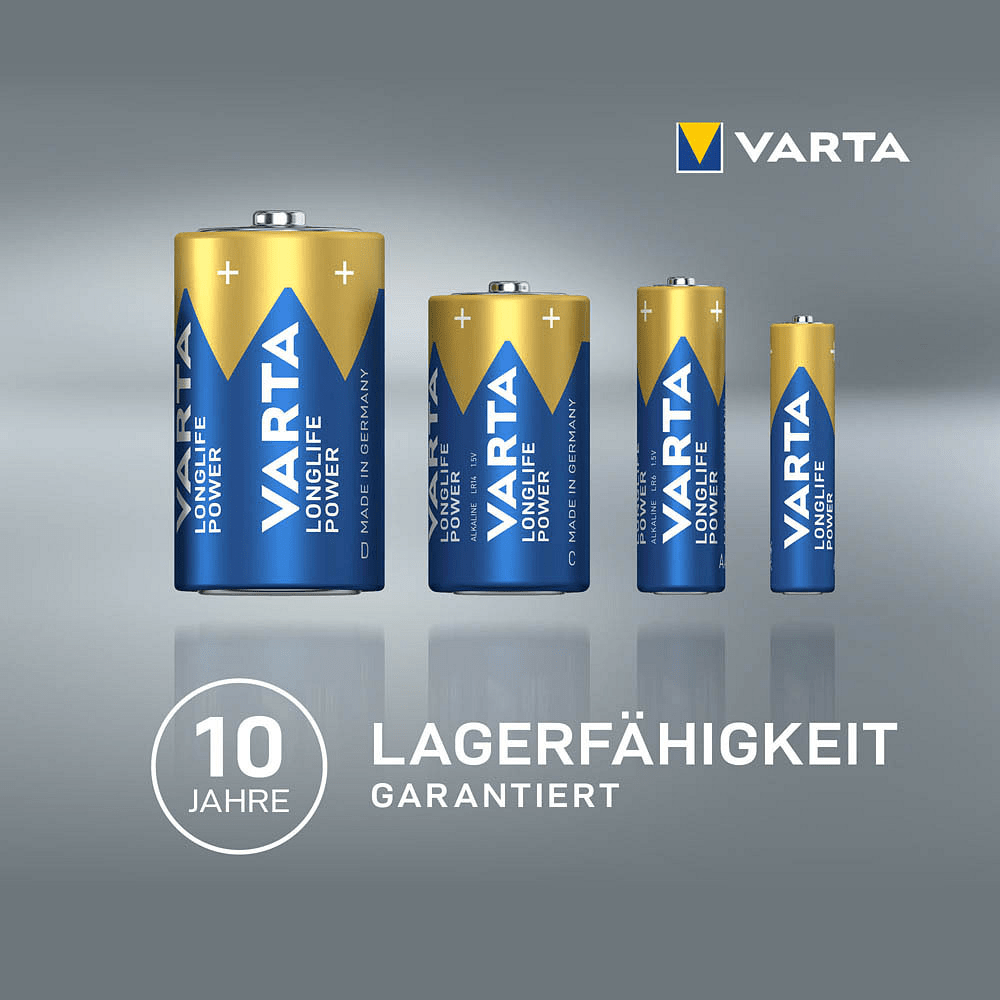 Τέσσερις μπαταρίες Varta Longlife Power Micro AAA 4903 LR03, ταξινομημένες από τη μεγαλύτερη προς τη μικρότερη, με την ένδειξη «Εγγυημένη διάρκεια αποθήκευσης 10 ετών».