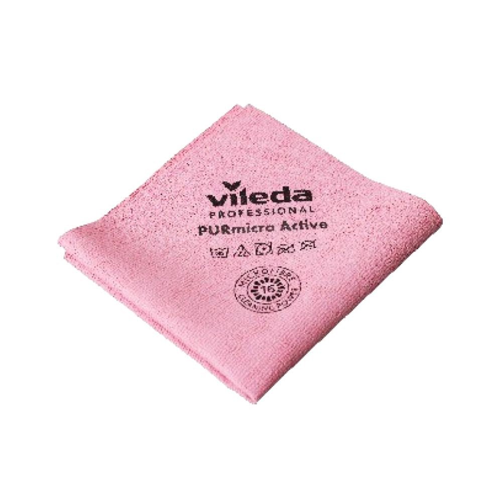 Το πανί μικροϊνών Vileda GmbH Professional PURmicro Active είναι ένα ροζ πανί καθαρισμού με σύμβολα ανακύκλωσης και οδηγίες φροντίδας. Ελαφρώς διπλωμένο, προσφέρει μια καθαρή, απαλή υφή, ιδανική για καθαρισμό χωρίς ίχνη.