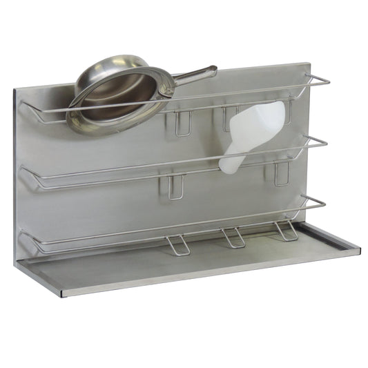 Das Novocal Wandregal aus Edelstahl (ca. 950 mm, 1 Stück) bietet idealen Stauraum für Steckbecken und Urinflaschen dank drei horizontalen Stangen und einer Ablage unten.