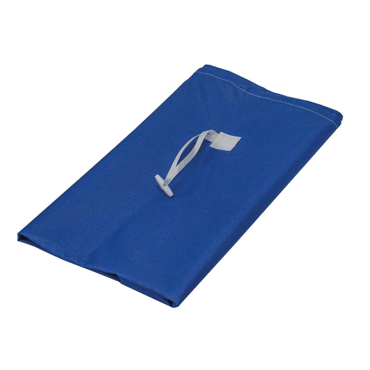 Der Novocal Wäschesack Selbstöffnend, wasserdicht von Novocal ist ein gefalteter, blauer, rechteckiger Wäschesack mit weißem Riemen, der auf einem schlichten, weißen Hintergrund abgebildet ist.