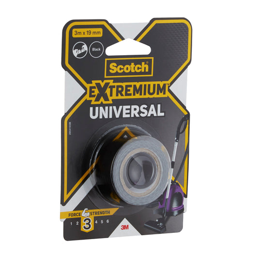 Eine Packung 3M Deutschland GmbH Scotch® Extremium™ Universal Klebeband, 3 m x 19 mm, schwarz, Festigkeitsstufe 3 auf der Vorderseite; Verpackung in gelb, schwarz und weiß.