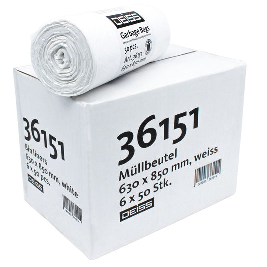 In einem weißen Karton mit der Aufschrift „36151“ der Firma EMIL DEISS KG (GmbH + Co.) befinden sich DEISS LDPE Müllsäcke mit den Abmessungen 630 x 850 mm. Die Verpackung besteht aus sechs Rollen mit je 50 Müllsäcken und einem Fassungsvermögen von 80 Litern. Eine Rolle liegt oben auf dem Karton und trägt die Modellnummer „Art. 36151“ und weist auf das Recycling-LDPE-Material hin.