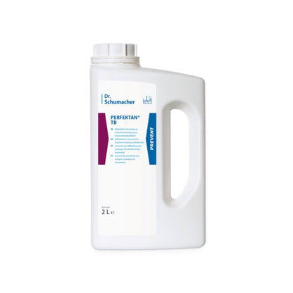 Ein weißer 2-Liter-Kunststoffbehälter mit Henkel und Schraubverschluss der Dr. Schumacher GmbH mit der Aufschrift "Dr. Schumacher PERFEKTAN TB Instrumentendesinfektion" ist auf der Vorderseite mit blauen und kastanienbraunen Grafiken und Produktangaben versehen.