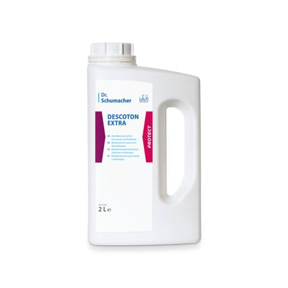 Ein weißer 2-Liter-Kunststoffbehälter mit Schraubverschluss und Henkel, beschriftet mit "Dr. Schumacher DESCOTON EXTRA Desinfektionsmittel" der Dr. Schumacher GmbH, zeigt blaue und rote Produktangaben auf weißem Hintergrund.