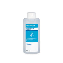 Klare 500-ml-Flasche Dr. Schumacher Descoderm Industrial Handdesinfektion der Dr. Schumacher GmbH, mit blau-weißem Etikett, das eine Hand und deutschen Text zeigt; auf Alkoholbasis, parfümfrei, mit weißem Verschluss.