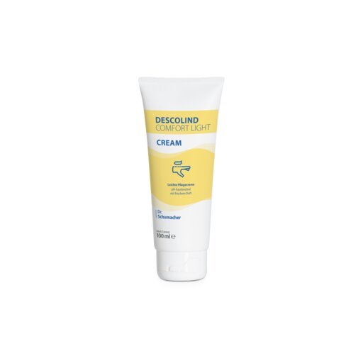 Ο λευκός-κίτρινος σωλήνας των 100 ml της Dr. Schumacher DESCOLIND COMFORT LIGHT CREAM της Dr. Schumacher GmbH στέκεται όρθιος σε ένα απλό λευκό φόντο, ιδανικός ως κρέμα φροντίδας για ευαίσθητο δέρμα που παρέχει έντονη ενυδάτωση.