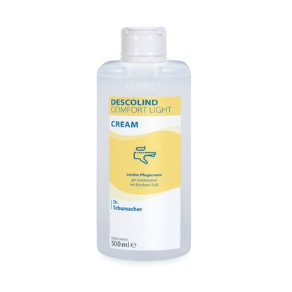 Μια κρέμα Dr. Schumacher GmbH DESCOLIND COMFORT LIGHT CREAM 500 ml για ευαίσθητο δέρμα, με κίτρινη-λευκή ετικέτα και μπλε σύμβολο κρέμας χεριών.
