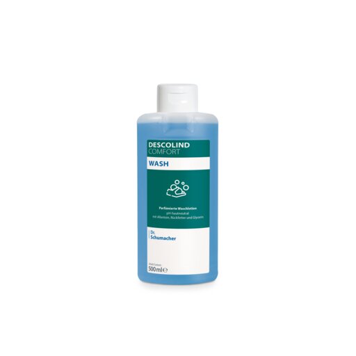 Ένα μπουκάλι των 500ml Dr. Schumacher Waschlotion DESCOLIND COMFORT WASH της Dr. Schumacher GmbH με λευκό καπάκι, μπλε υγρό και μια ετικέτα με αλλαντοΐνη και το λογότυπο Dr. Schumacher σε λευκό φόντο.