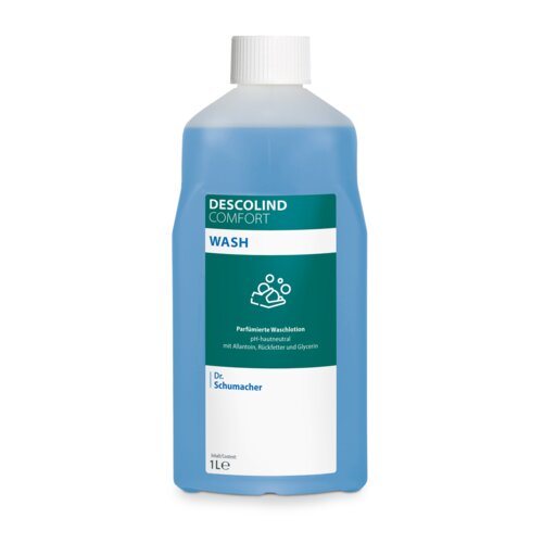 Το μπουκάλι του 1 λίτρου Dr. Schumacher Waschlotion DESCOLIND COMFORT WASH της Dr. Schumacher GmbH με λευκό καπάκι και μπλε υγρό αναφέρει στην λευκο-πράσινη ετικέτα μπροστά, εκτός από τις πληροφορίες του προϊόντος, την pH-ουδέτερη φόρμουλα και την αλλαντοΐνη.