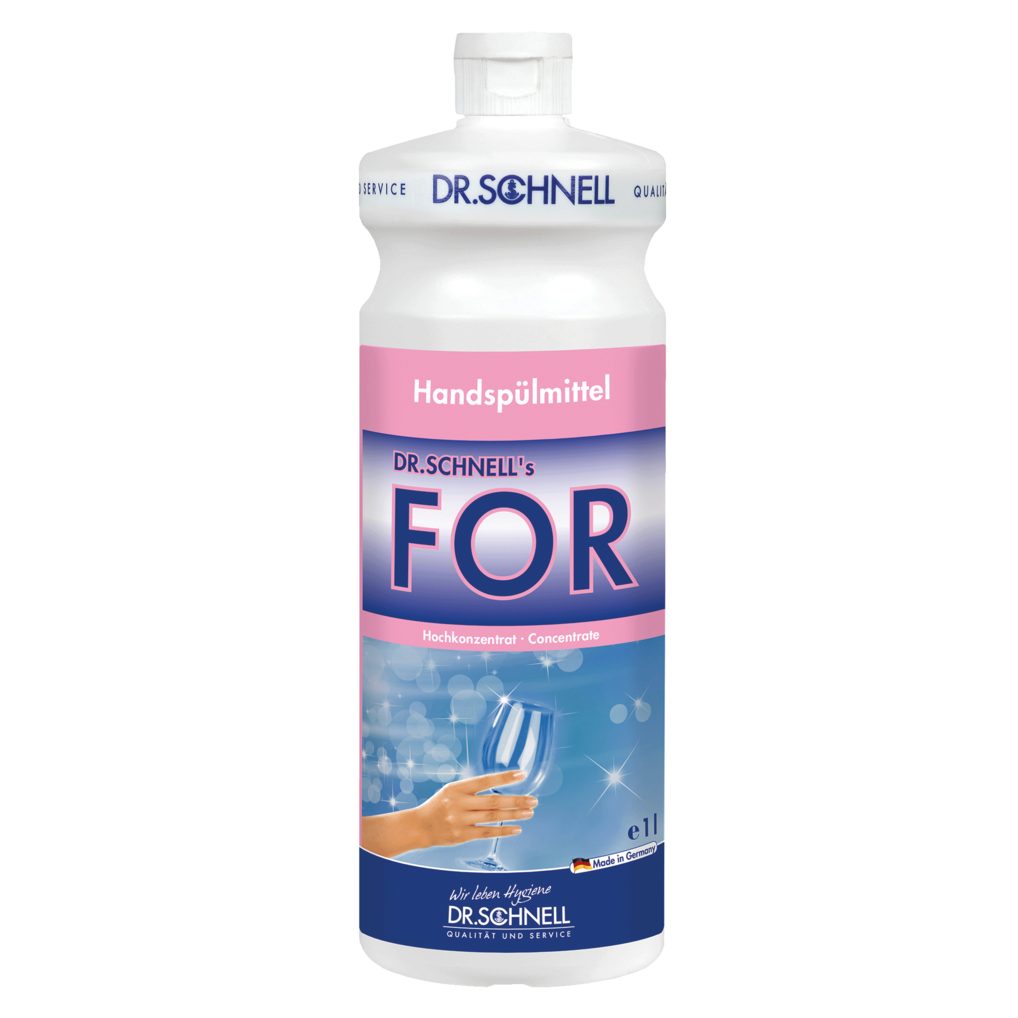 Eine 1-Liter-Flasche Dr. Schnell FOR Handspülmittel der DR.SCHNELL GmbH & Co. KGaA, ein konzentriertes Geschirrspülmittel mit rosa und blauem Etikett, Hand, Blasen, weißem Verschluss und DR.SCHNELL Branding.