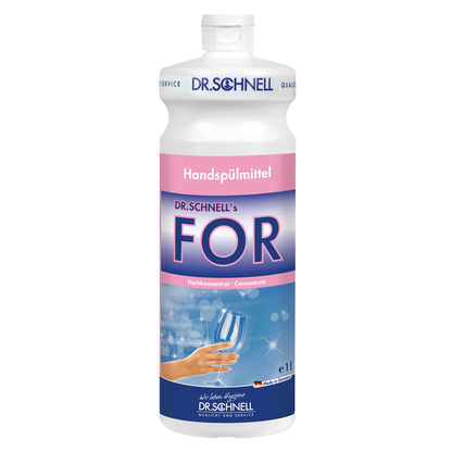 Eine 1-Liter-Flasche Dr. Schnell FOR Handspülmittel der DR.SCHNELL GmbH & Co. KGaA, ein konzentriertes Geschirrspülmittel mit rosa und blauem Etikett, Hand, Blasen, weißem Verschluss und DR.SCHNELL Branding.