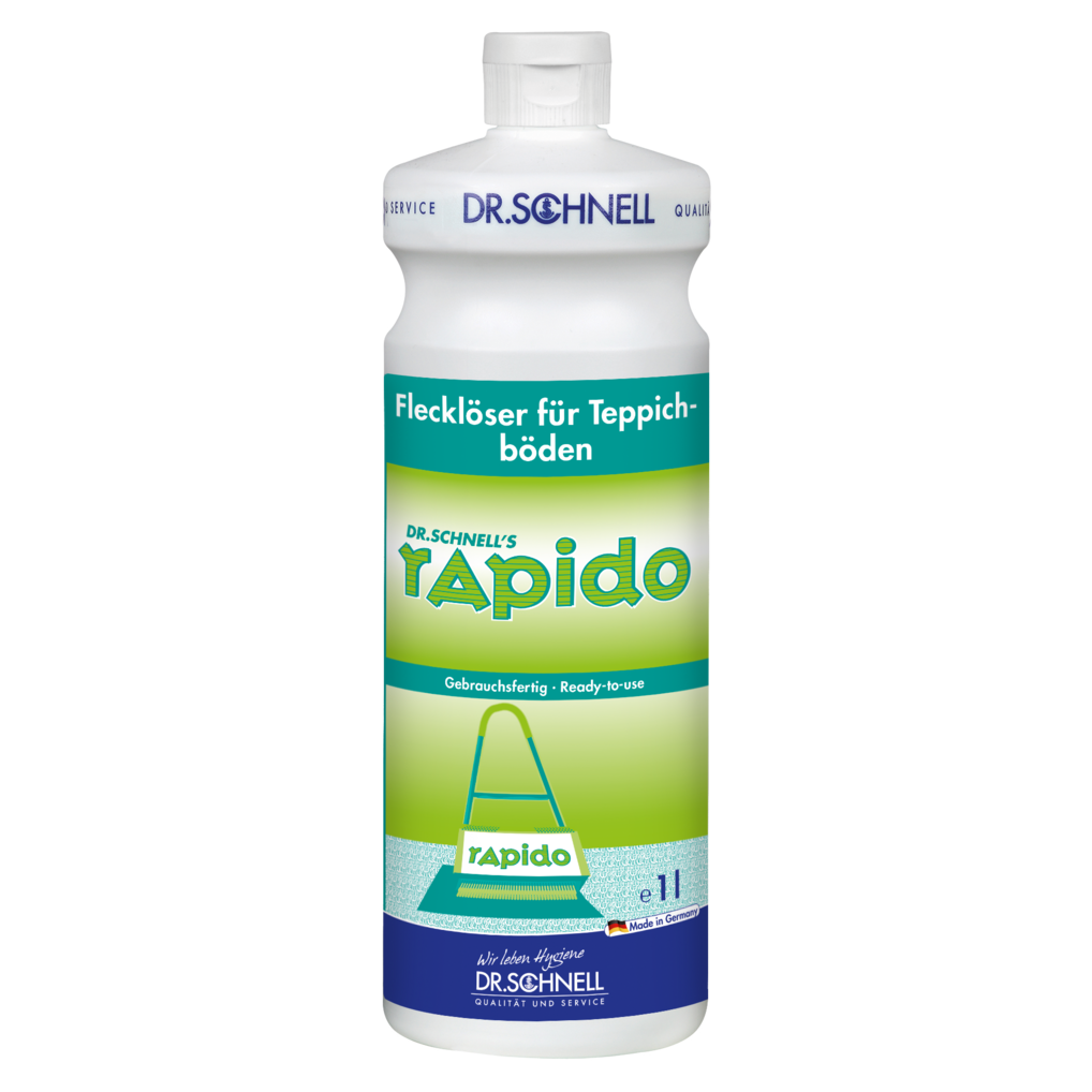 Eine 1-Liter-Kunststoffflasche DR.SCHNELL RAPIDO Flecklöser für Teppiche und Polster von DR.SCHNELL GmbH & Co. KGaA, mit blauem Verschluss, weiß-grünem Etikett mit deutschem Text und einem Teppichreinigungssymbol.