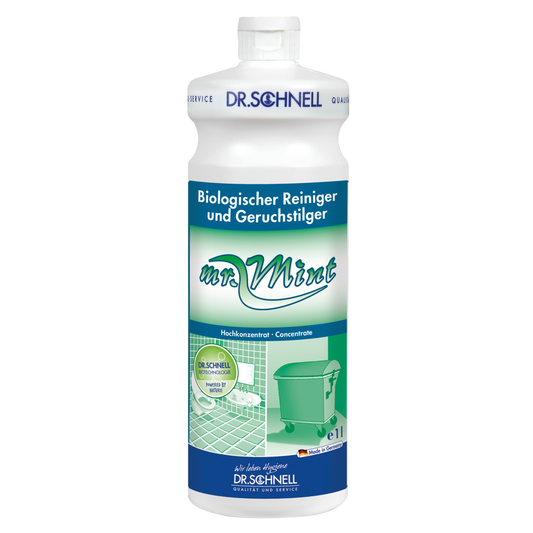Eine 1L Flasche DR.SCHNELL MR.MINT Probiotischer Reiniger und Geruchstilger für Räume von DR.SCHNELL GmbH & Co. KGaA, mit einem grün-weißen Etikett, auf dem ein grüner Mop-Eimer auf einem gefliesten Boden abgebildet ist.