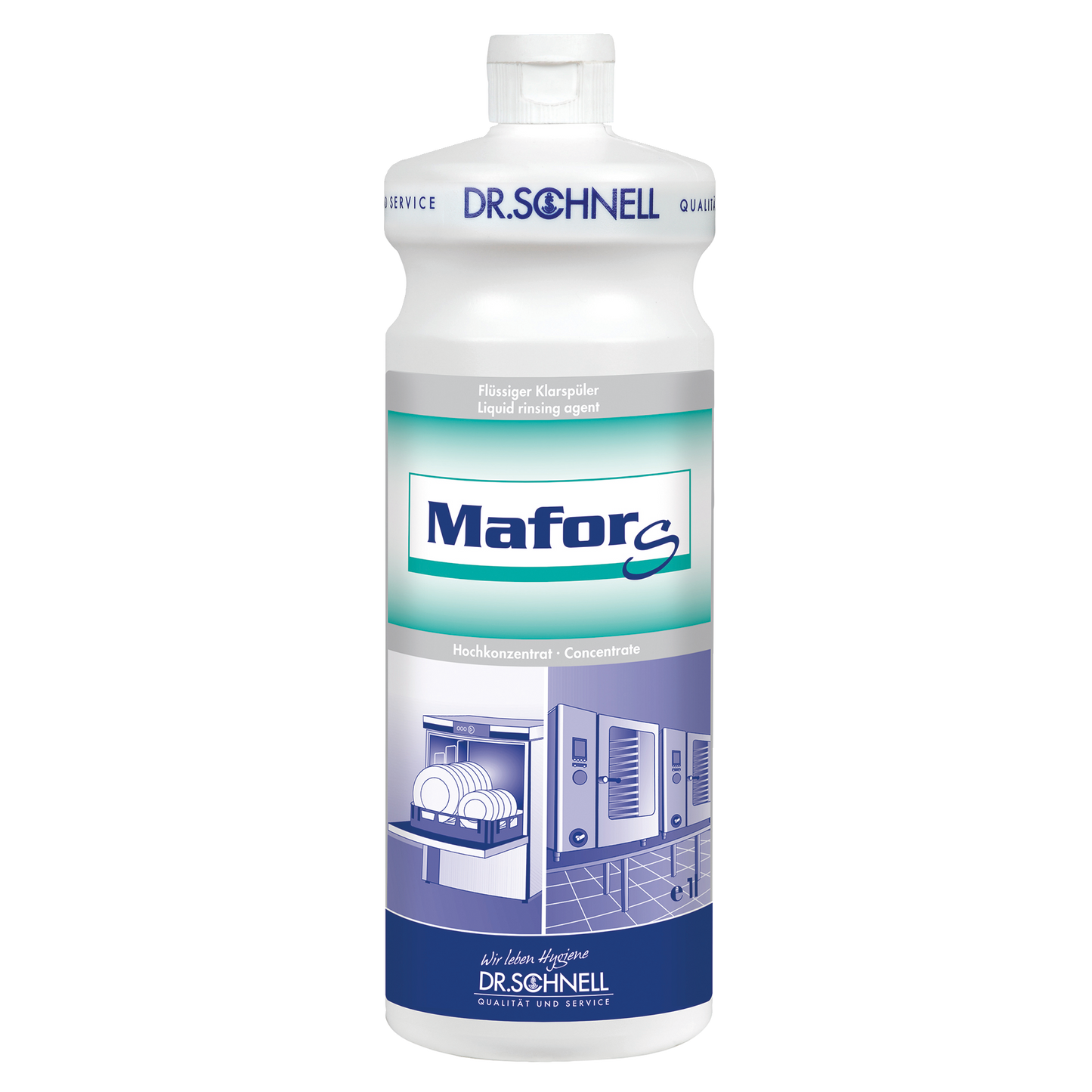 Eine weiße Kunststoffflasche Dr. Schnell MAFOR EVO S Klarspüler für Geschirrspülmaschinen von DR.SCHNELL GmbH & Co. KGaA mit blauer und grüner Beschriftung, mit Abbildungen von Geschirrspülmaschinen für streifenfreies Trocknen und Kalkvermeidung.