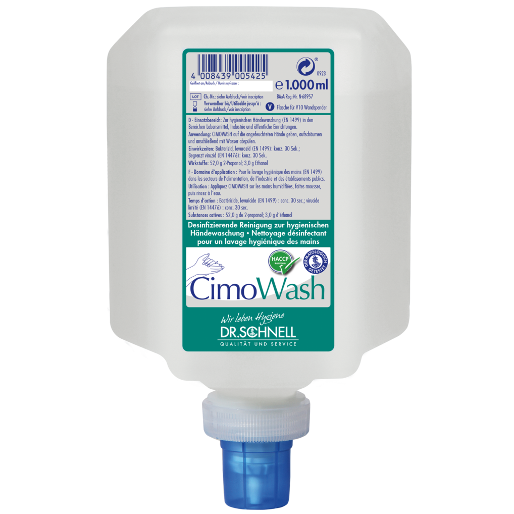 Ein weißer Kunststoffbehälter mit 1.000 ml der Dr. Schnell CIMOWASH Antimikrobielle Waschlotion der DR.SCHNELL GmbH & Co. KGaA, mit blauem Verschluss und grün-weißem Etikett mit mehrsprachiger Gebrauchsanweisung.