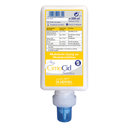 Eine weiße 500 ml Flasche Dr. Schnell CIMOCID SENSITIVE Händedesinfektion der DR.SCHNELL GmbH & Co. KGaA, mit blauem Verschluss und gelb-blauem Etikett in deutscher Sprache. Sanft zur Haut, geeignet zur effektiven Keimreduktion.