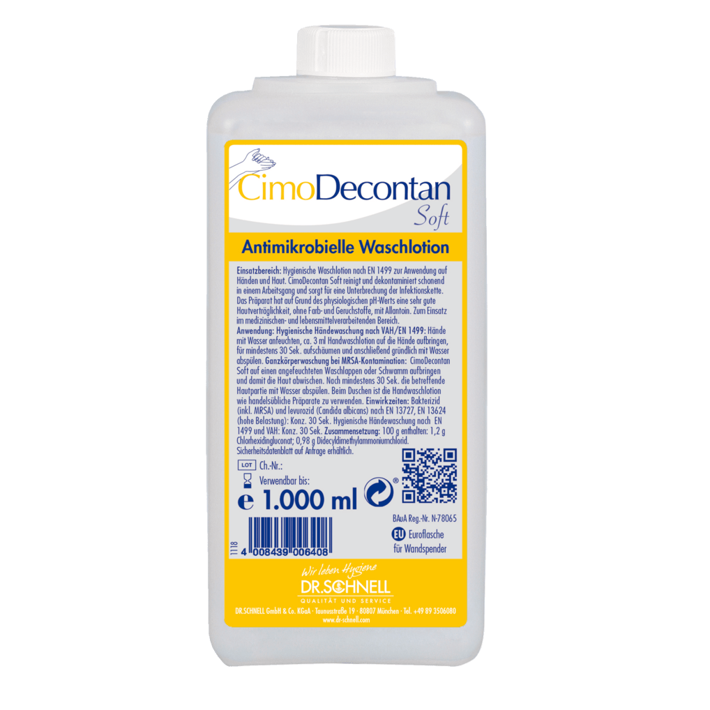 Ένα μπουκάλι 1.000 ml Dr. Schnell CIMODECONTAN SOFT Αντιμικροβιακής Λοσιόν Πλύσης από την DR.SCHNELL GmbH & Co. KGaA, με κίτρινη-μπλε ετικέτα και γερμανικές οδηγίες για υγιεινό καθαρισμό του δέρματος και των χεριών.