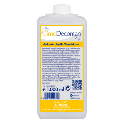 Ένα μπουκάλι 1.000 ml Dr. Schnell CIMODECONTAN SOFT Αντιμικροβιακής Λοσιόν Πλύσης από την DR.SCHNELL GmbH & Co. KGaA, με κίτρινη-μπλε ετικέτα και γερμανικές οδηγίες για υγιεινό καθαρισμό του δέρματος και των χεριών.