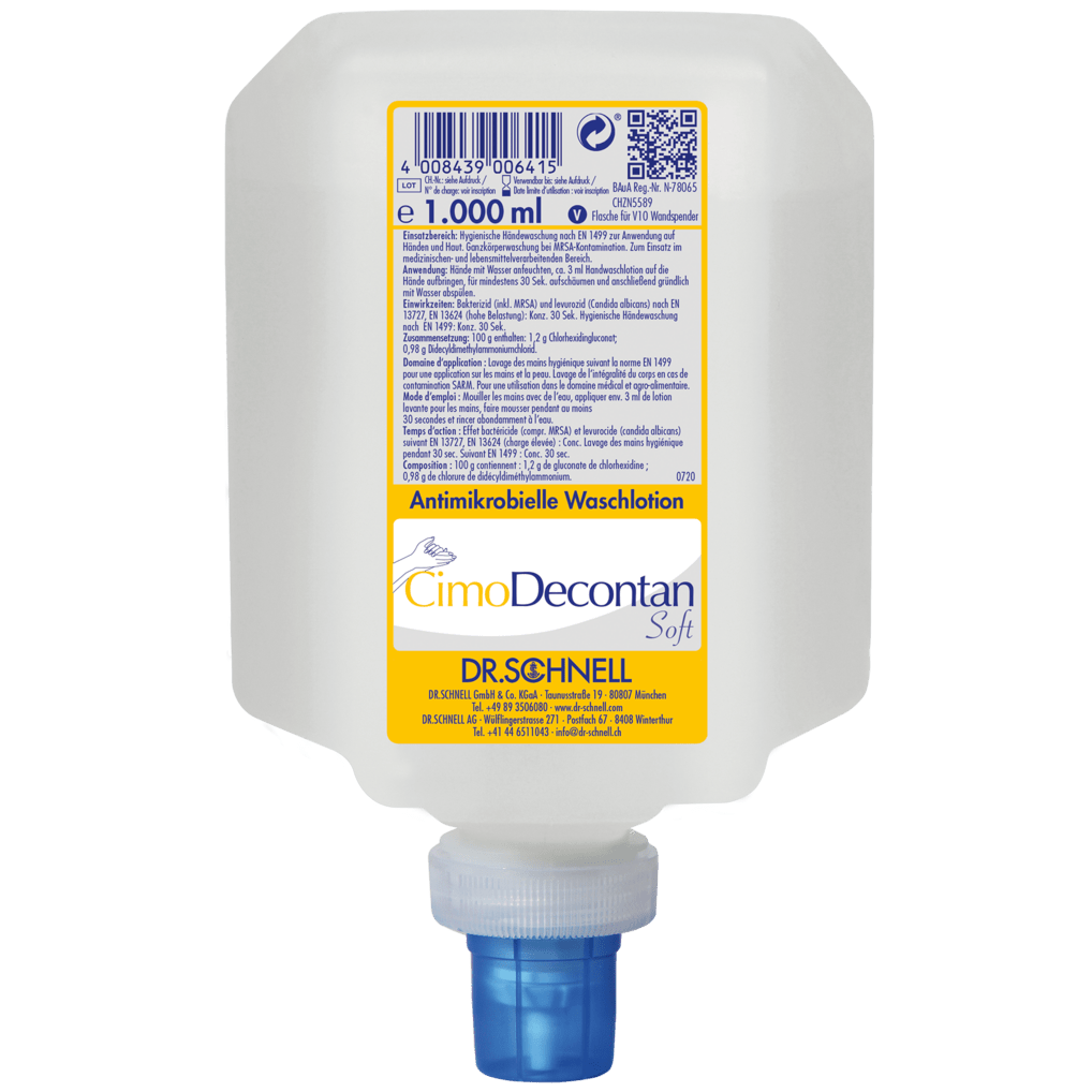 Ένας πλαστικός διανομέας 1000 ml της Dr. Schnell CIMODECONTAN SOFT Αντιμικροβιακής Λοσιόν Πλύσης της DR.SCHNELL GmbH & Co. KGaA, με κίτρινη-λευκή ετικέτα και μπλε καπάκι, για υγιεινό καθαρισμό του δέρματος και των χεριών.