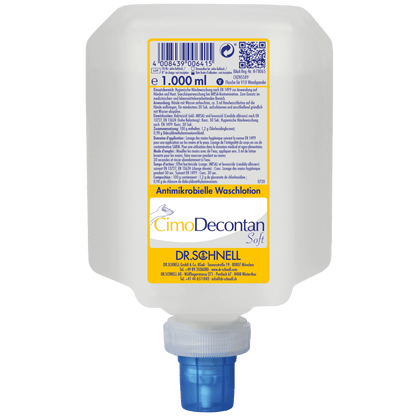 Ένας πλαστικός διανομέας 1000 ml της Dr. Schnell CIMODECONTAN SOFT Αντιμικροβιακής Λοσιόν Πλύσης της DR.SCHNELL GmbH & Co. KGaA, με κίτρινη-λευκή ετικέτα και μπλε καπάκι, για υγιεινό καθαρισμό του δέρματος και των χεριών.