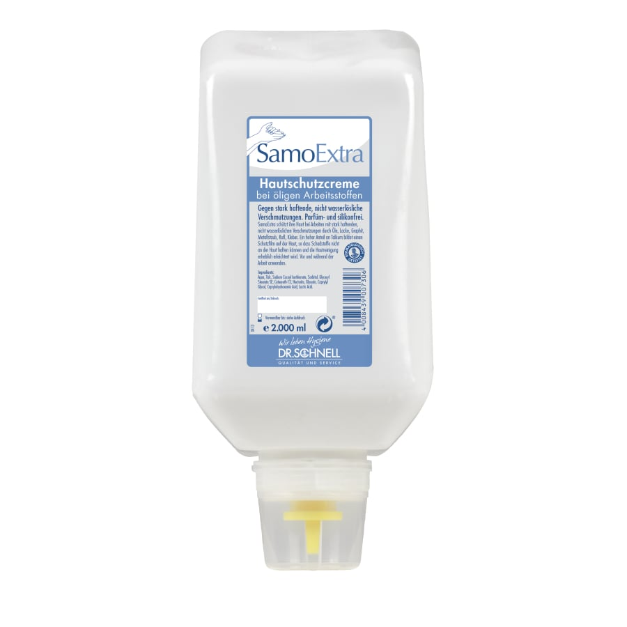 Eine weiße 2000 ml Dr. Schnell SAMOEXTRA Spenderflasche (1 Stück) von DR.SCHNELL GmbH & Co. KGaA, für Personalhygiene und Hautschutz, mit blau-weißem deutschem Etikett und gelbem Druckspender an der Unterseite.