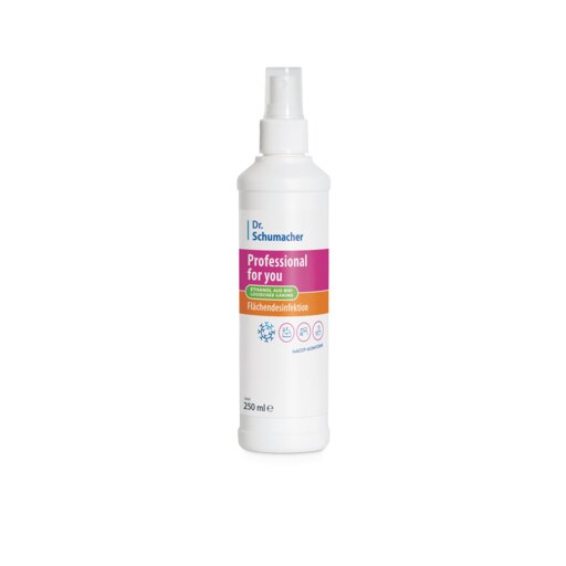 Eine 250 ml weiße Sprühflasche der Dr. Schumacher GmbH Professional for you Flächendesinfektion mit rosa-orangem Etikett steht aufrecht auf weißem Grund. Geeignet zur Flächendesinfektion und Reinigung.
