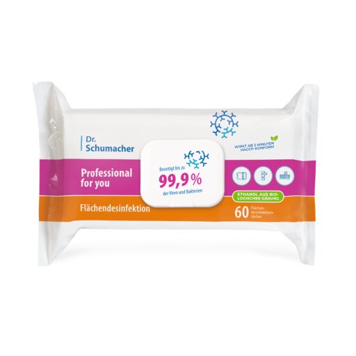 Die Dr. Schumacher GmbH Professional for you Flächendesinfektionstücher beseitigen bis zu 99,9 % der Viren und Bakterien und bieten eine viruzide Desinfektion und Reinigung. Jede Packung enthält 60 Tücher mit Funktionssymbolen.