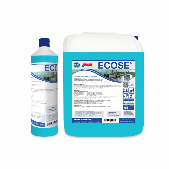 Abgebildet sind zwei Arcora ECOSE ALKOHOL-GLANZREINIGER MIT FRISCHEDUFT-Behälter der Arcora International GmbH: eine 1L-Flasche mit blauem Deckel (links) und ein 10L-Krug mit weißem Deckel (rechts), beide mit blau-weißem Etikett für eine streifenfreie Reinigung.