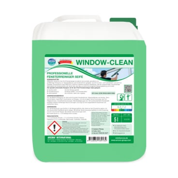 Μια πράσινη 5L Arcora WINDOW-CLEAN PROFESSIONELLE FENSTERREINIGER SEIFE από την Arcora International GmbH, με ετικέτα στα γερμανικά που περιέχει πληροφορίες ασφαλείας και εικόνα καθαρισμού παραθύρων - ιδανική για καθαρισμό παραθύρων χωρίς ραβδώσεις, επαγγελματικό.