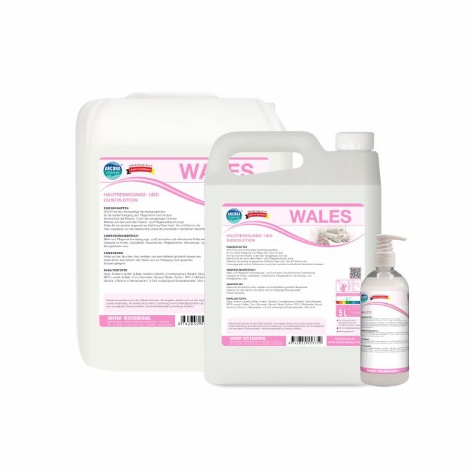 Τρεις δοχεία Arcora WALES HAUTREINIGUNGS- UND DUSCHLOTION της Arcora International GmbH - αντλία, κανάτα και δοχείο με λευκή και ροζ επιγραφή - ήπιο αφρόλουτρο για όλους τους τύπους δέρματος.