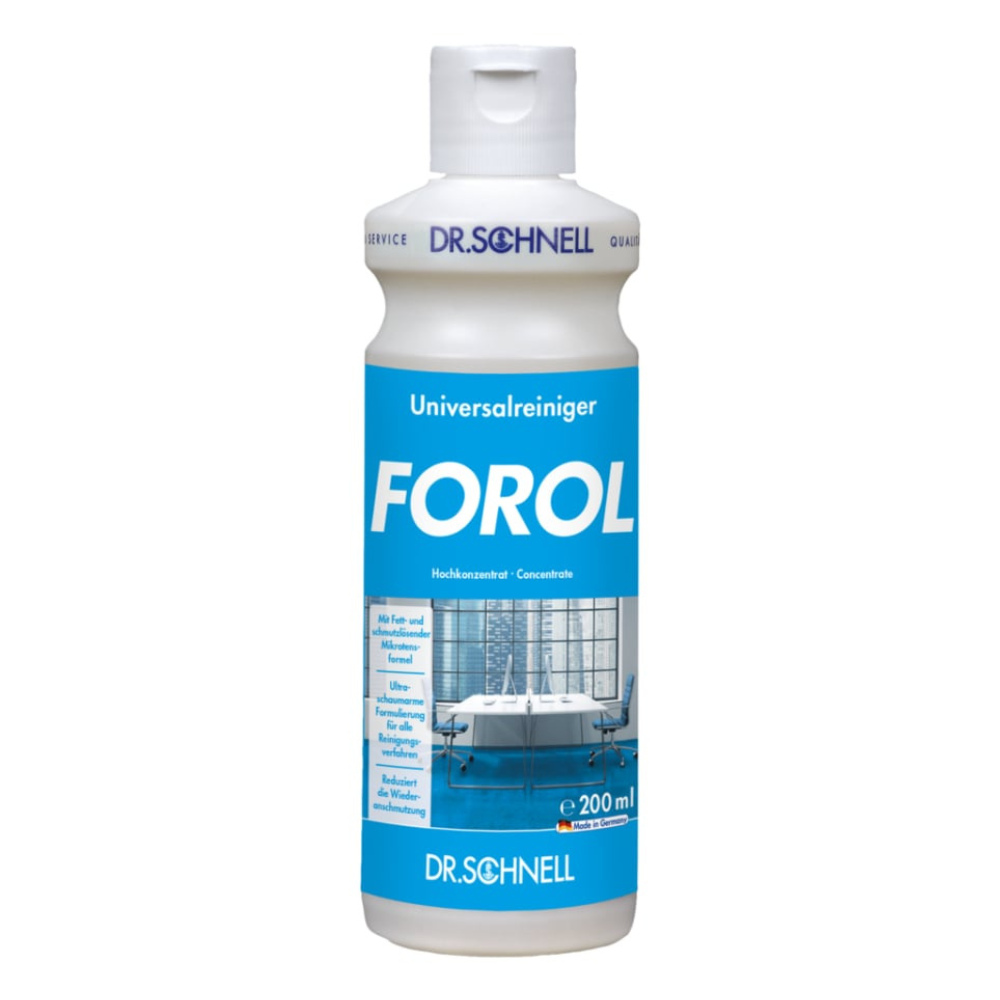 Ένα λευκό πλαστικό μπουκάλι 200 ml Dr. Schnell Forol Universalreiniger Oberflächen Konzentrat της DR.SCHNELL GmbH & Co. KGaA, με μπλε ετικέτα και εικόνα καθαρού δωματίου. Κατάλληλο για διάφορες επιφάνειες λόγω της εξαιρετικής του συμβατότητας με τα υλικά.