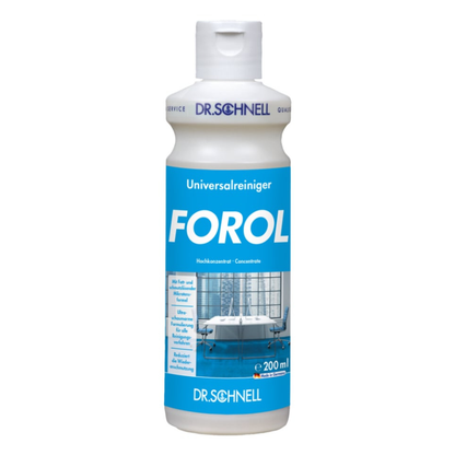 Ένα λευκό πλαστικό μπουκάλι 200 ml Dr. Schnell Forol Universalreiniger Oberflächen Konzentrat της DR.SCHNELL GmbH & Co. KGaA, με μπλε ετικέτα και εικόνα καθαρού δωματίου. Κατάλληλο για διάφορες επιφάνειες λόγω της εξαιρετικής του συμβατότητας με τα υλικά.