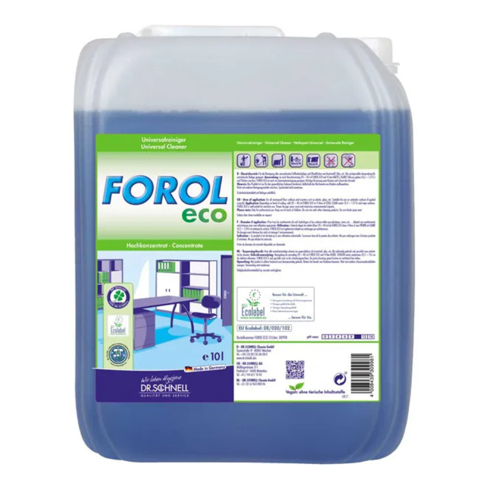 Ein 10-Liter-Gebinde der DR.SCHNELL GmbH & Co. KGaA Dr. Schnell FOROL ECO Universalreiniger, ökologisch für Oberflächen, mit blauer Flüssigkeit und einem Etikett mit Produktinfos, Zertifizierungslogos und einer Büroillustration.