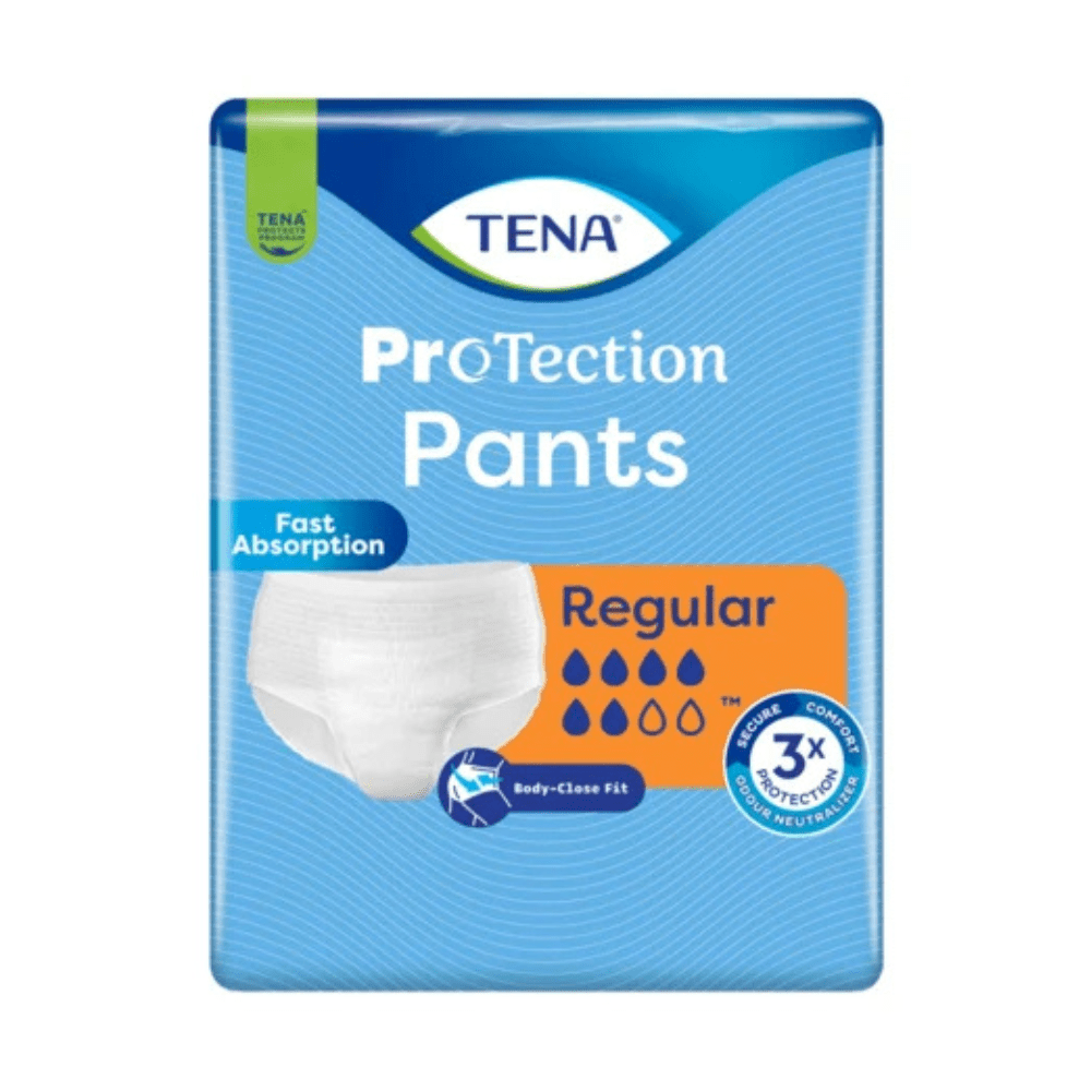 TENA - TENA Protection Pants Regular Inkontinenzpants της Essity Germany GmbH: γρήγορη απορρόφηση, εφαρμογή κοντά στο σώμα, τριπλή άνεση, εξουδετερωτής οσμών, σύμβολα σταγόνας για απορροφητικότητα. Μπλε-πορτοκαλί σχεδιασμός με φωτογραφία προϊόντος και επιγραφή των κύριων χαρακτηριστικών.