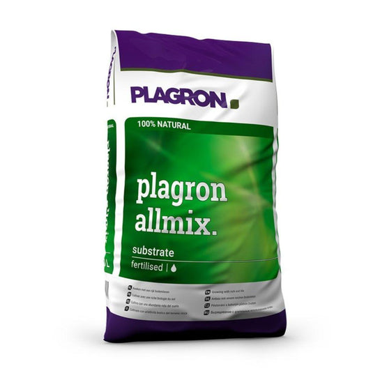 Το Plagron Allmix 50L της Bertels B.V. είναι μια πράσινη-μοβ σακούλα με τη λευκή επιγραφή «100% φυσικό». Είναι εμπλουτισμένο με οργανική προ-λίπανση και φέρει σύμβολα με σκουλήκια για βελτιωμένη ανάπτυξη των φυτών.