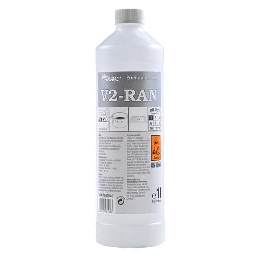 GastroPower V2-RAN, 1 l (4*1) από την Abena Re-Seller GmbH: Καθαριστικό ανοξείδωτου σε πλαστικό μπουκάλι με γκρι/λευκή ετικέτα, οδηγίες, κλίμακα pH και σύμβολα κινδύνου - ιδανικό για τον υγιεινό καθαρισμό σε επιχειρήσεις εστίασης.