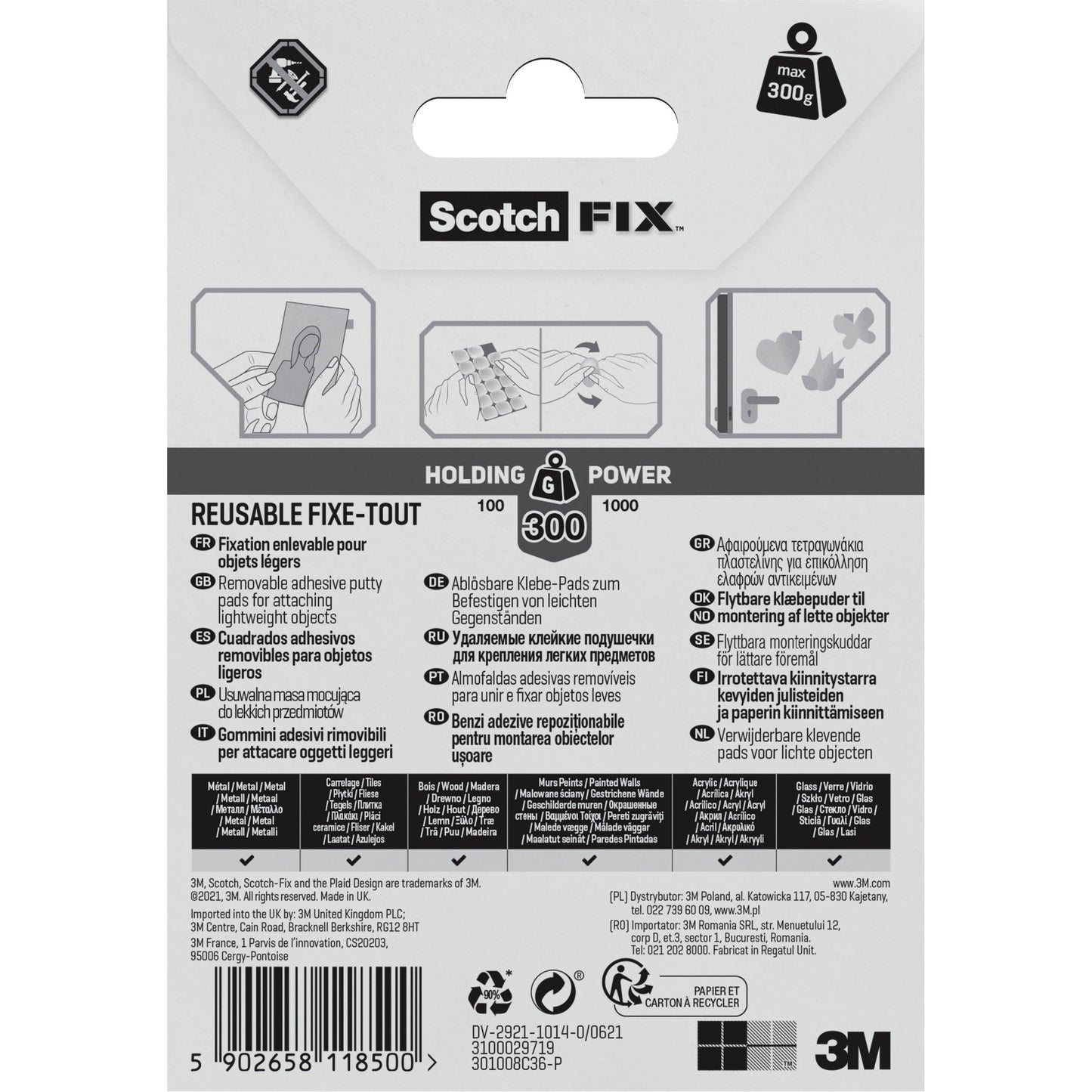 Rückseite einer Packung 3M Deutschland GmbH Scotch-FIX™ Ablösbare Klebepads 301008C36-P (11mm x 15mm, 36 Stück) mit Anleitungen mit Abbildungen, mehrsprachigen Informationen, Haltekraftangaben und Branding auf einer schwarz-weiß-grauen Verpackung.